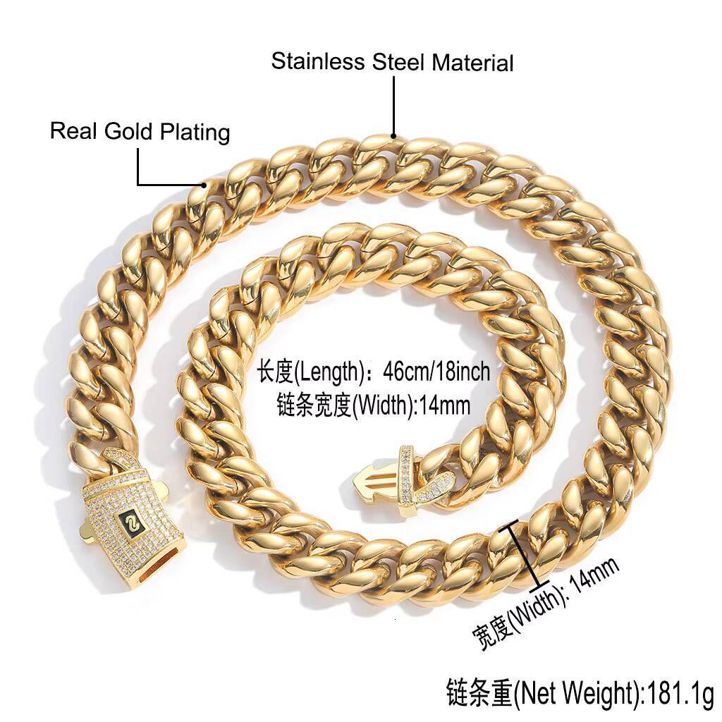 BES 614mm Miami Cuban Chain Necklace Bracelet Set 14K 18K Gold Stainless Steel Monaco Cuban Link Chain Necklace Hip Hop for Men