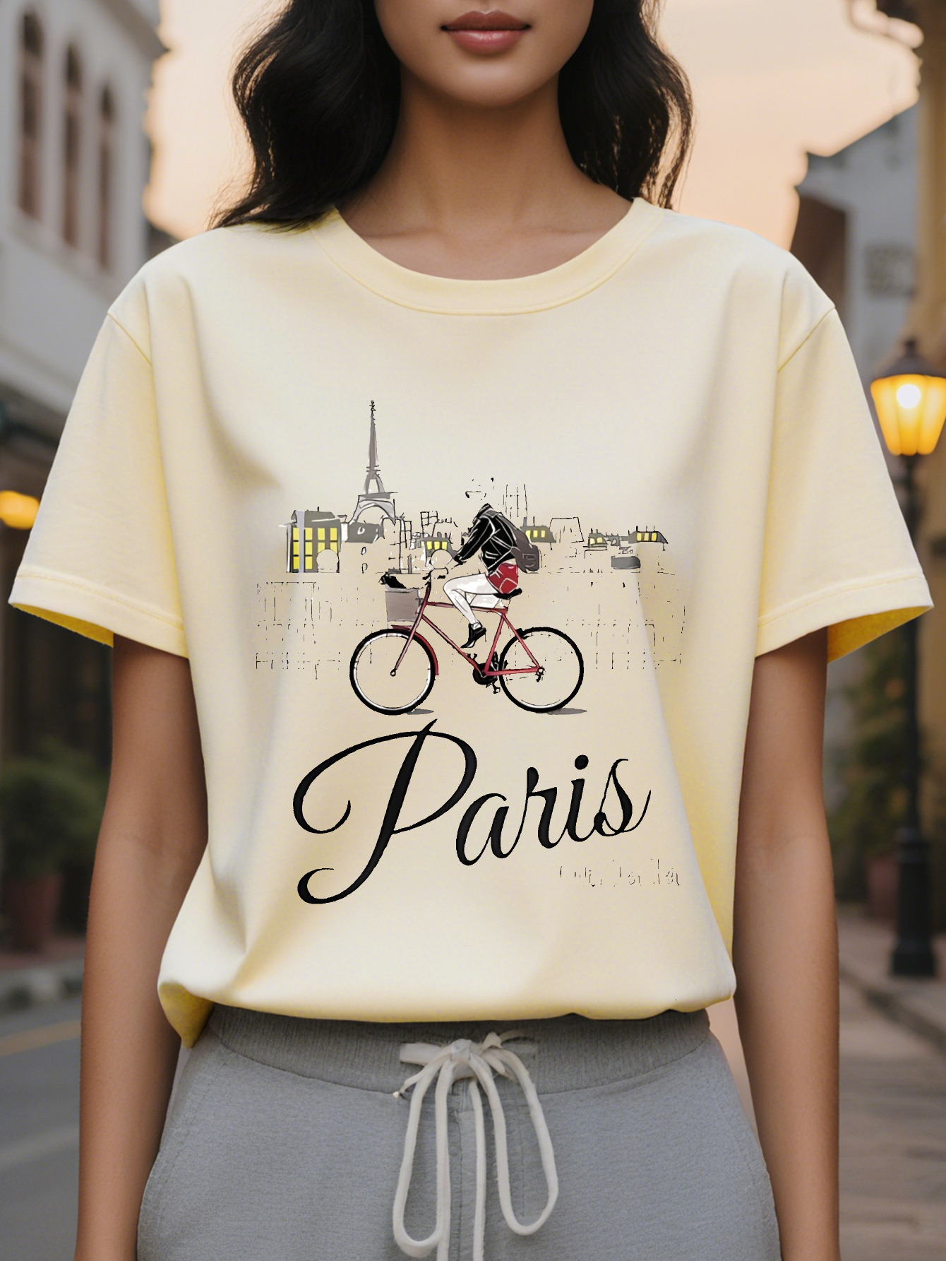 Paris Printed T-Shirt, Round Neck, Casual Top, Suitable for Autumn and Winter Season, Women's Clothing