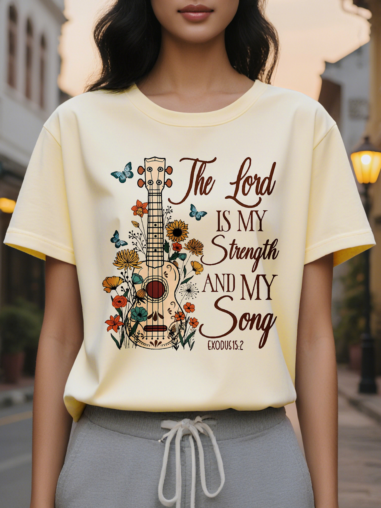 The Lord is Strength My Song Pattern T-Shirt White Short Sleeve Round Neck Top with Spring and Summer Design