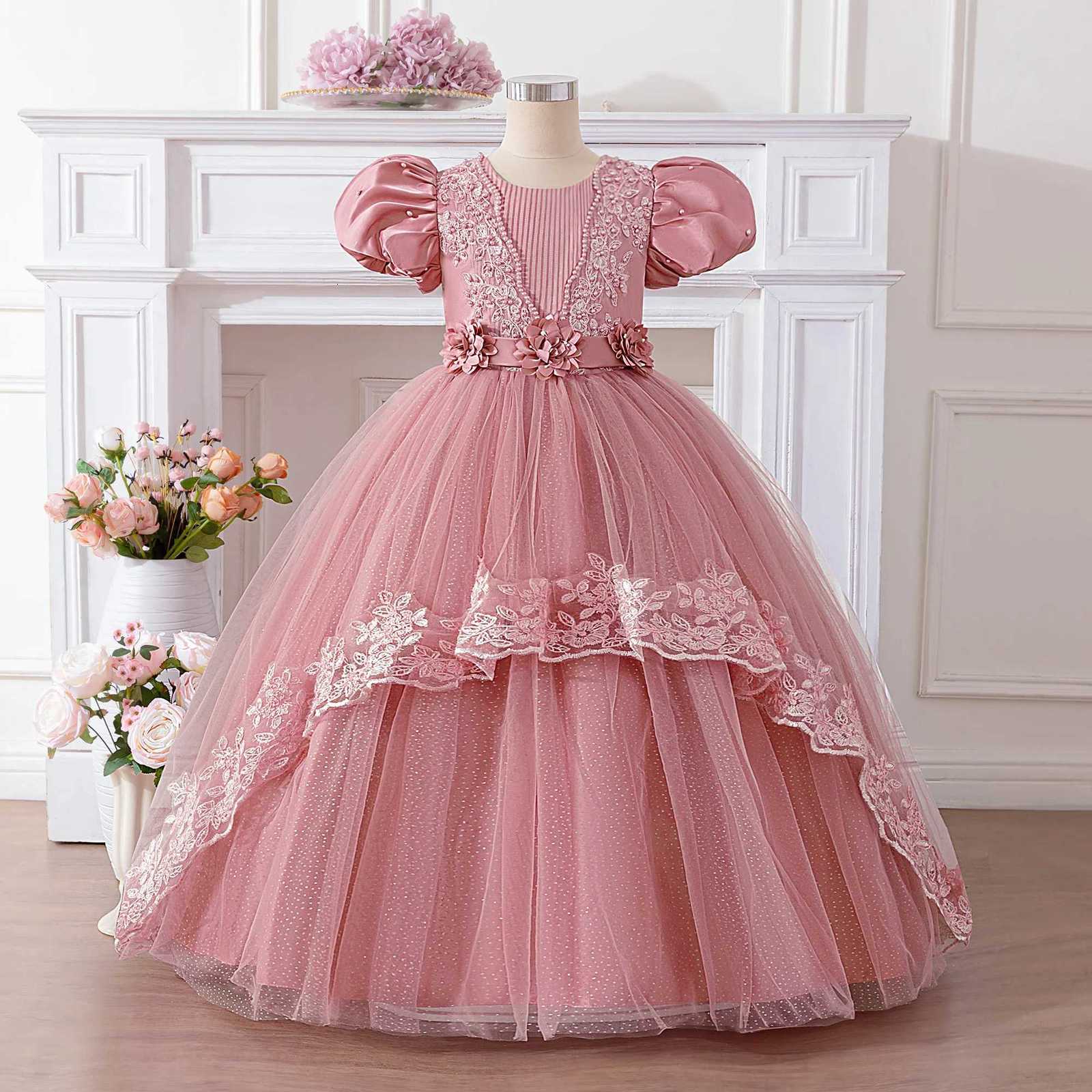 Elegant Flower Party Girls Dresses Puff Sleeve Beading Bridesmaids Wedding Princess Prom Dress Girl Tulle Birthday Evening Gown Z250904