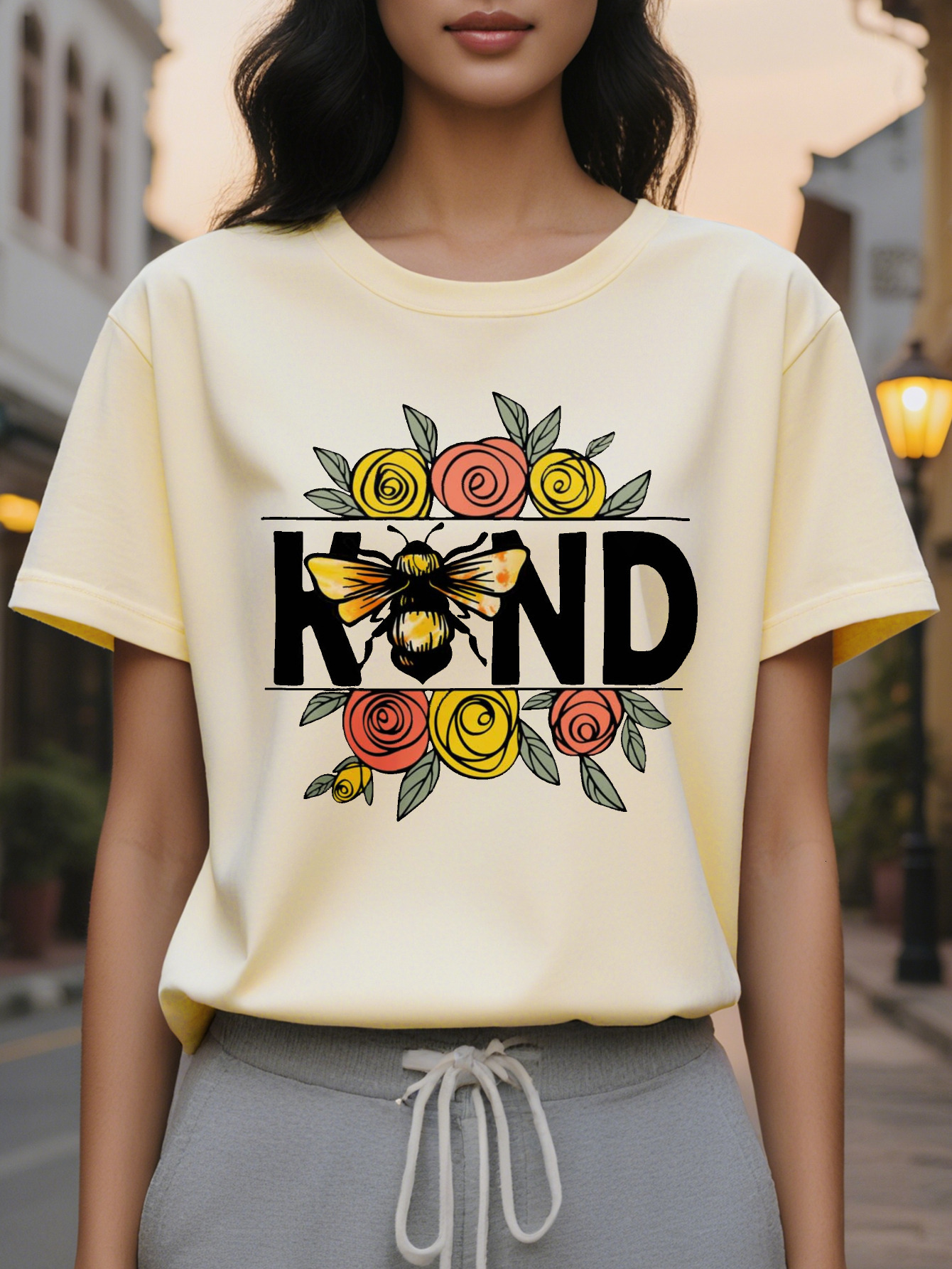Women's Be Kind T-shirt elegant round neck sleeve top with colorful bee flower rose design soft cotton