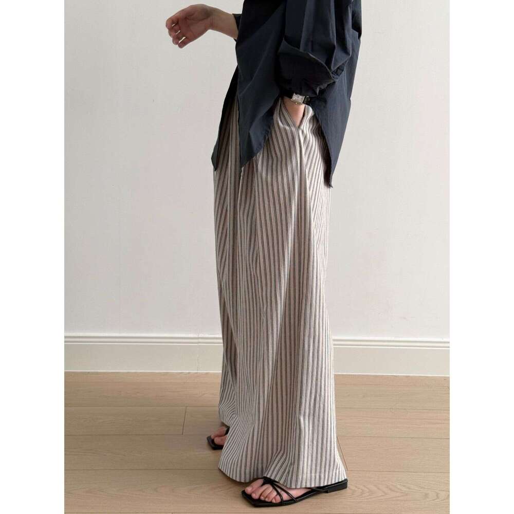 Yanshuang Simple Vertical Striped Casual for Women Summer New Loose Fit Wide-Leg Floor-Length Pants