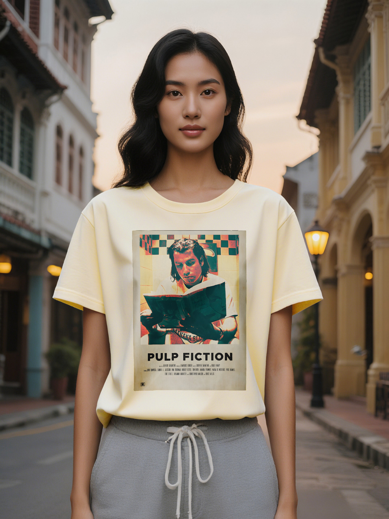 Large XL Women's Casual Crew Neck T-Shirt Pulp Fiction White with Black Print Short Sleeve Regular Fit Summer Tee Perfect Gift Plus Size