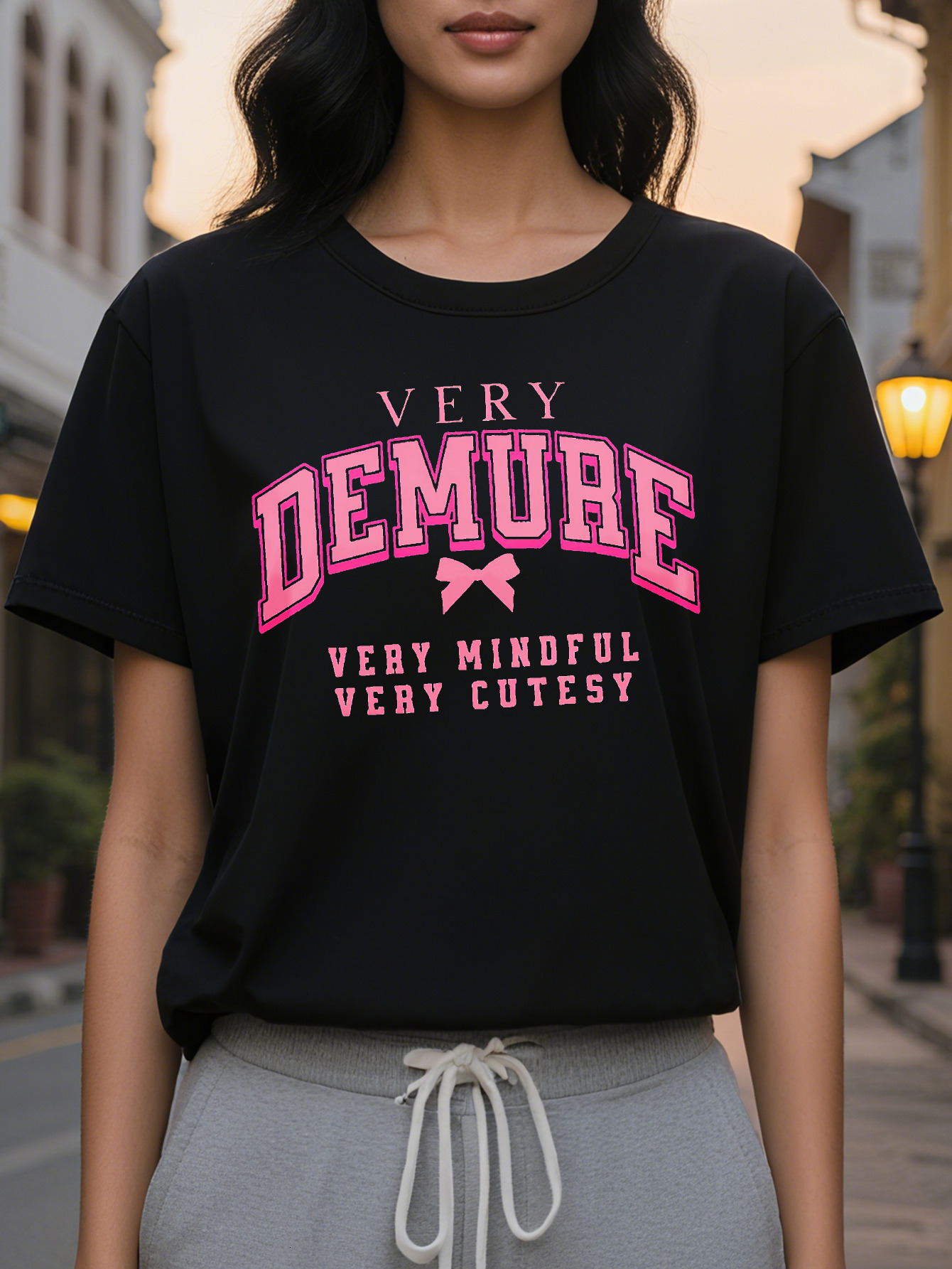 Women S Casual Short Sleeve T-Shirt Demure Very Mindful Bow Print White with Pink Lettering Round Neck Lightweight
