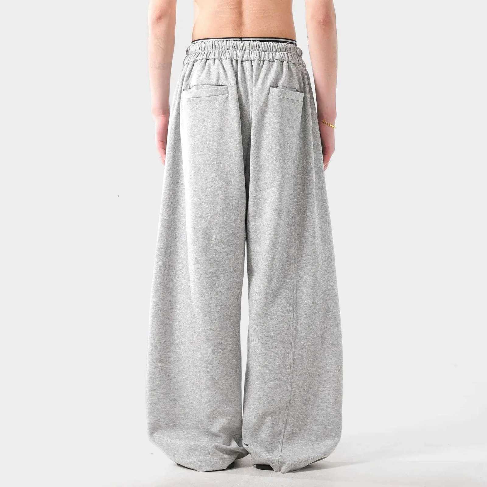 Mens Gray Baggy Sweatpants Wide Leg Long Drawstring Casual Joggers Oversized Urban Curved Blade Type Design Lantern Pants WomenXJ250904