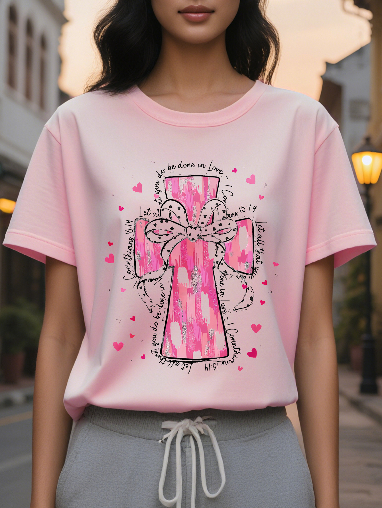 Women's Elegant Christian T-Shirt Short Sleeve Round Neck Regular Length Spring Summer Casual Top with Cross Design