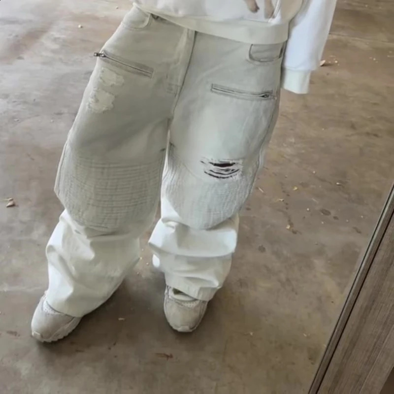Y2K Retro Biker Denim Pants Zipper Pocket Distressed Holes Ruched Jeans Trendy High Street Streetwear Unisex Baggy Trousers 250904