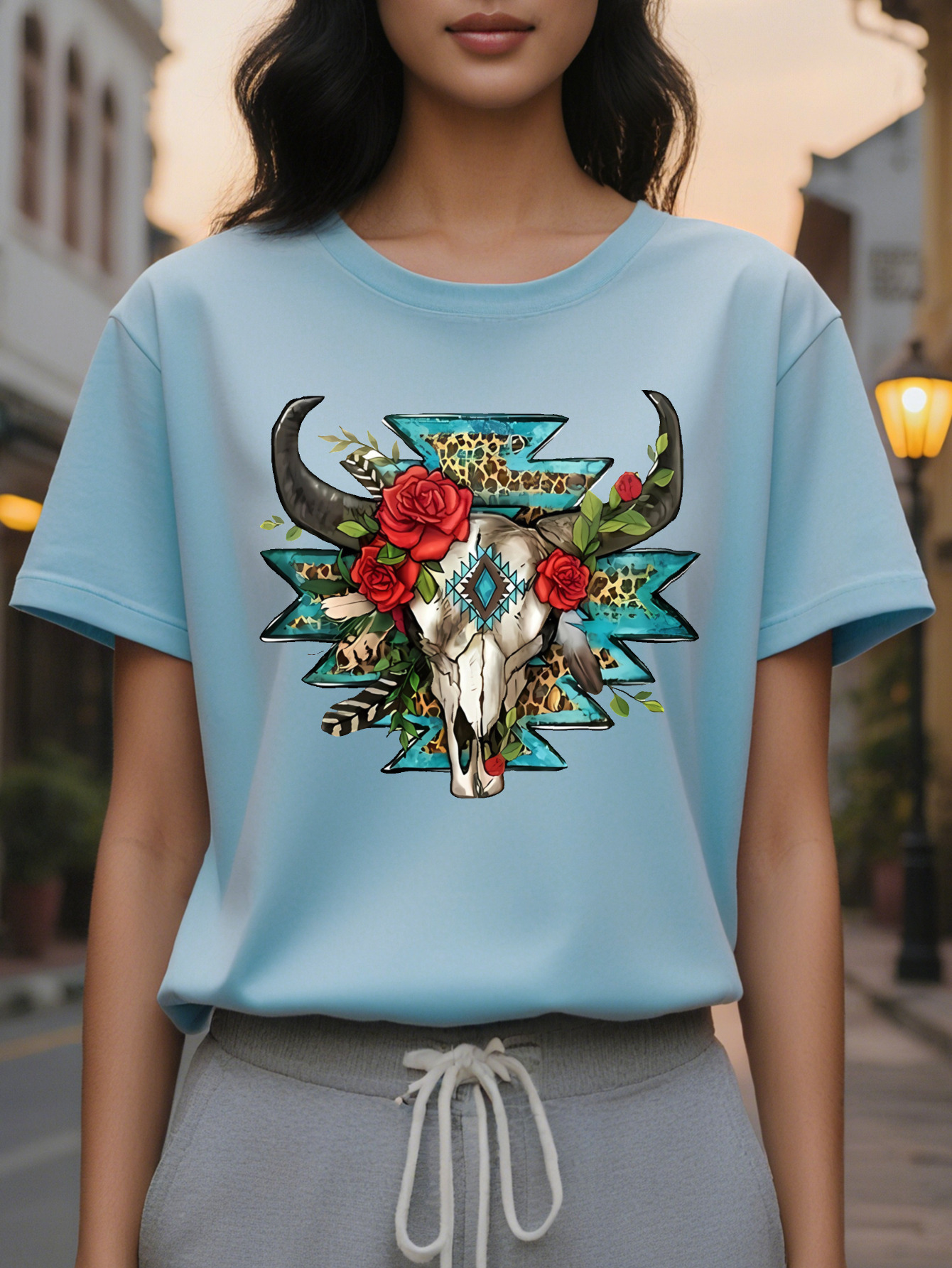 Women s Western Style Short Sleeve T Shirt Black Round Neck Casual Top Skull Rose and Feather Design, washable