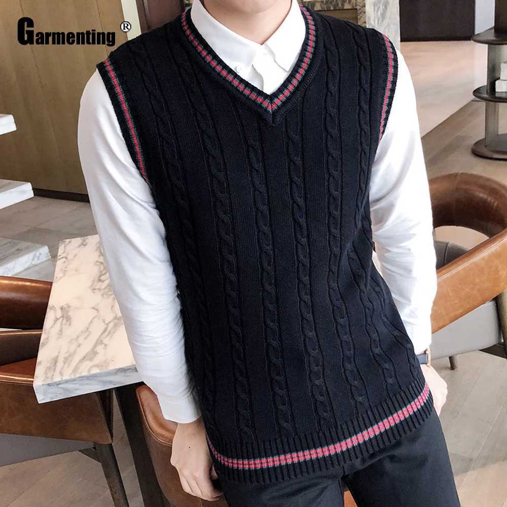 Mens Autumn Winter Sweater Vneck Knitwear Vest Smart Kpop Student Pullovers Sleeveless Slim Knitted Sweater Male Clothing 2020XJ250904