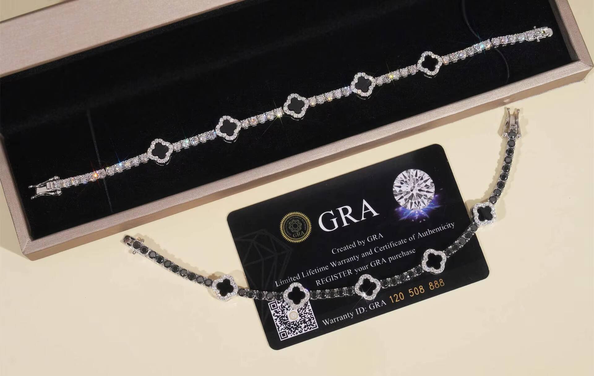 3mm Black Agate 925 Silver Tennis Bracelet Diamond Moissanite Clover Bracelet High Quality Jewelry