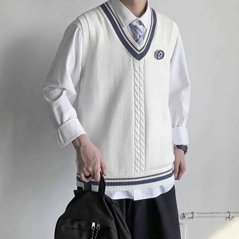College Style Sleeveless V Neck Sweater Vest Autumn Winter Patchwork Color Twist Men Knitted Vest Daily ClothingXJ250904