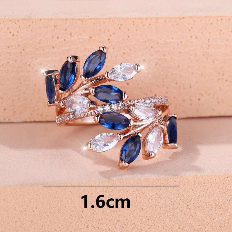 Boho Marquise Zircon Leaf Open Ring - Rose Gold Green Crystal Nature-Inspired Jewelry Fashion Versatile Adjustable Statement Ring for Women