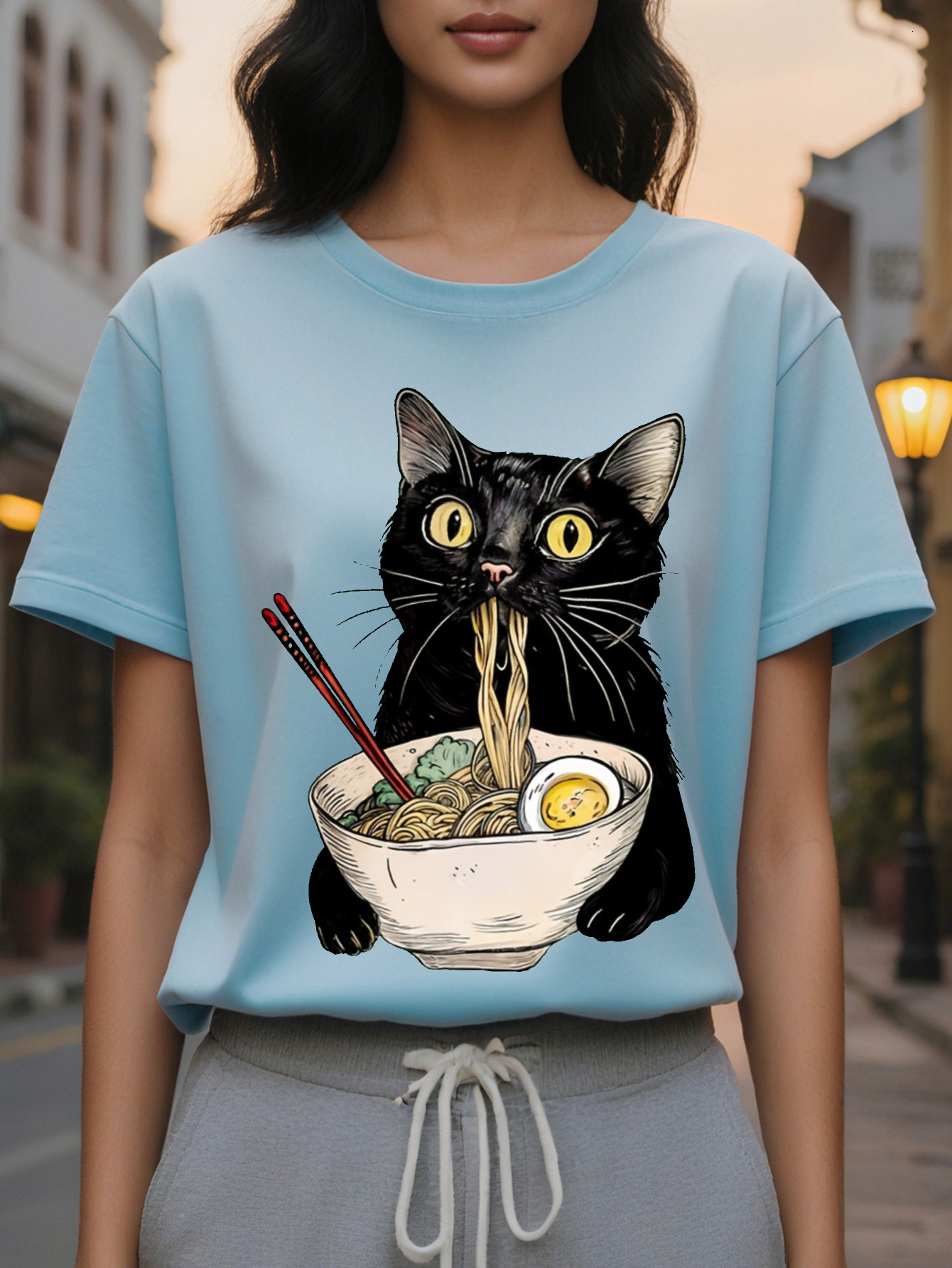Large XL Women's Casual Sleeveless with Playful Black Cat Eating Noodles Cartoon Print Light Green Round Neck Summer Top Plus Size