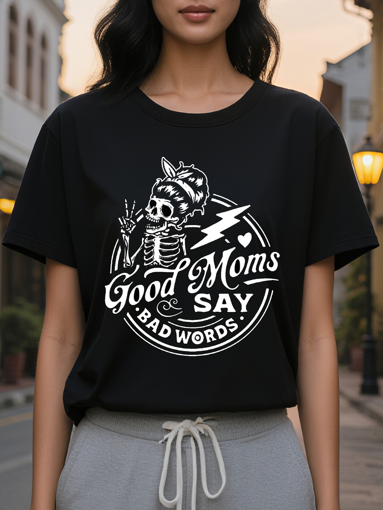 Women's Summer and Spring Casual Round Neck Short Sleeve T-Shirt Skull Print Top