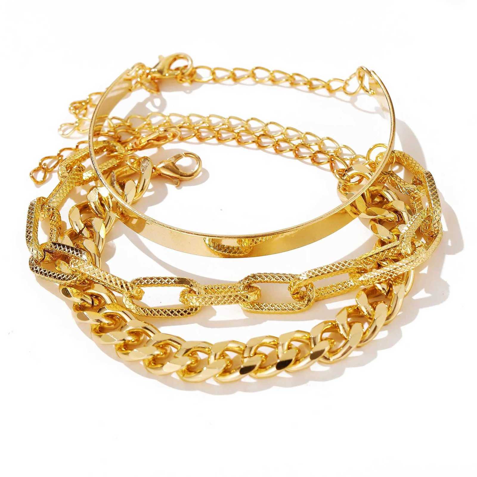 Bohemian Metal Chain Bracelet Set For Women Geometric Gold Color Thick Link Chain Open Bangle Female Fashion Jewelry W250904