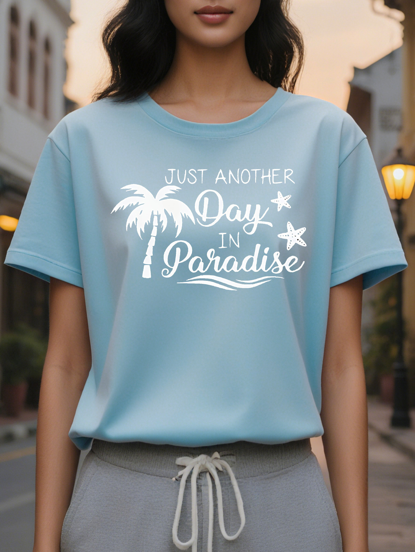 Large XL Chic Women's Coconut Tree Print Tank Top Just Another Day in Paradise Design Dark Blue Round Neck Washable Plus Size