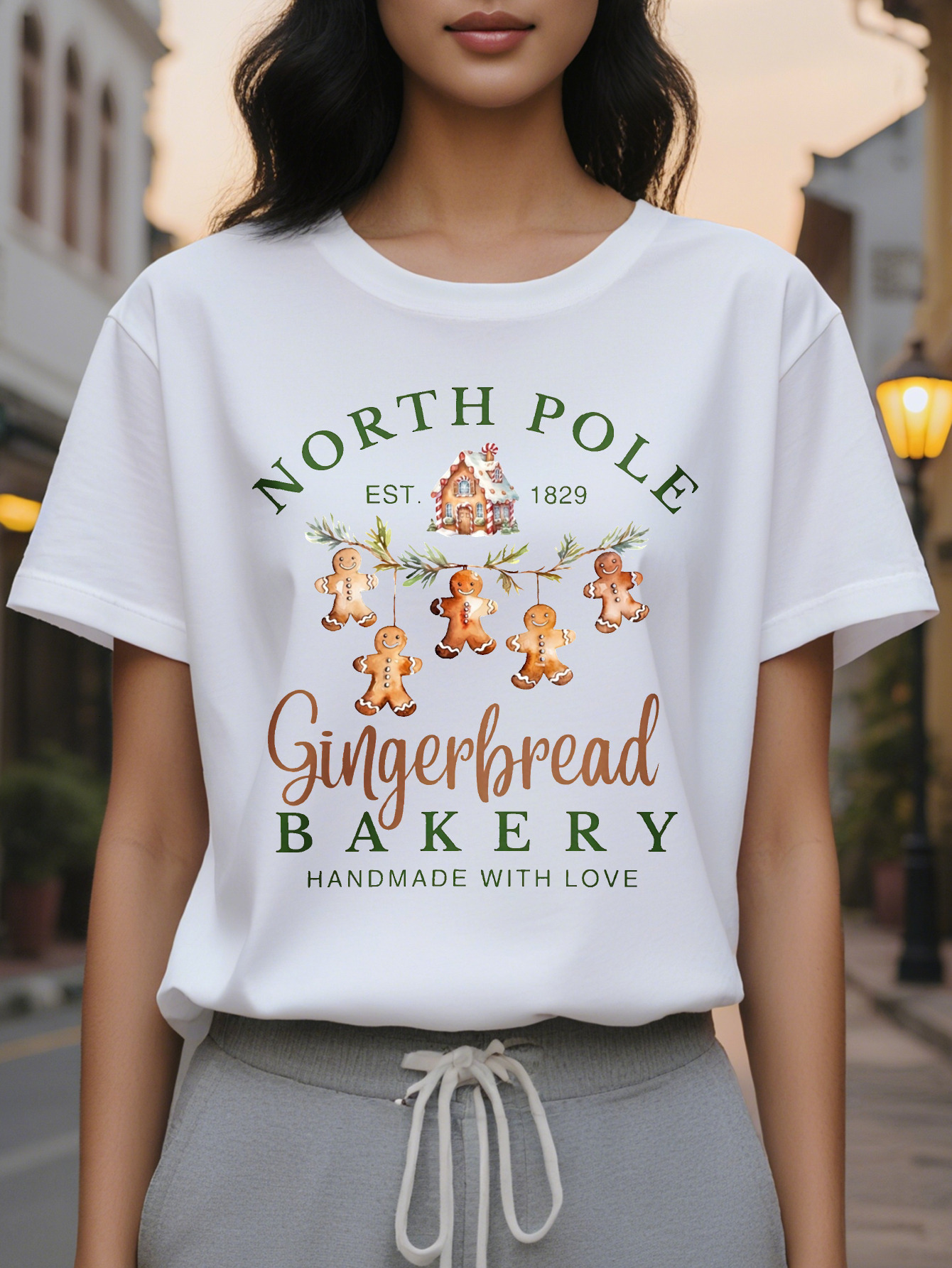 Large XL Women's Christmas Graphic T-Shirt North Pole Bakery Design Santa Hat Gingerbread Men Handmade with Love Casual Round Plus Size