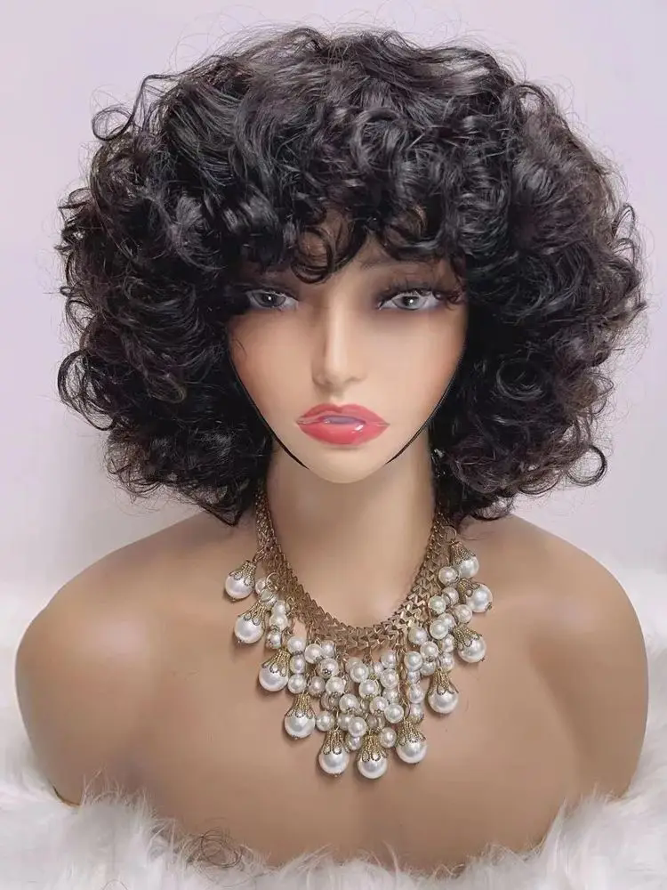 330% Density Brazilian Egg Curl Pixie Cut Wig Human Hair With Bangs funmi curl Short Bob Wig For Women machine made human wig None lace wig