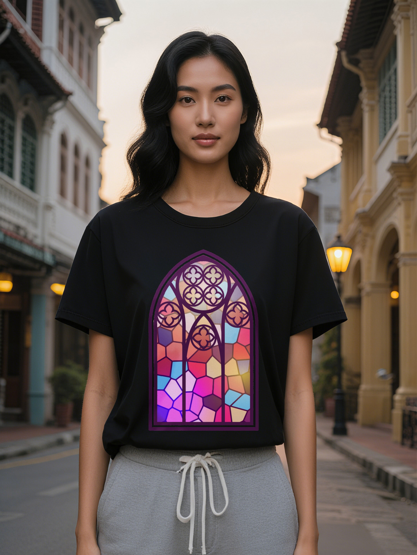 Large XL Women's Casual Short Sleeve T-Shirt with Stained Glass Window Graphic Print Vibrant Geometric Design Breathable Round Plus Size