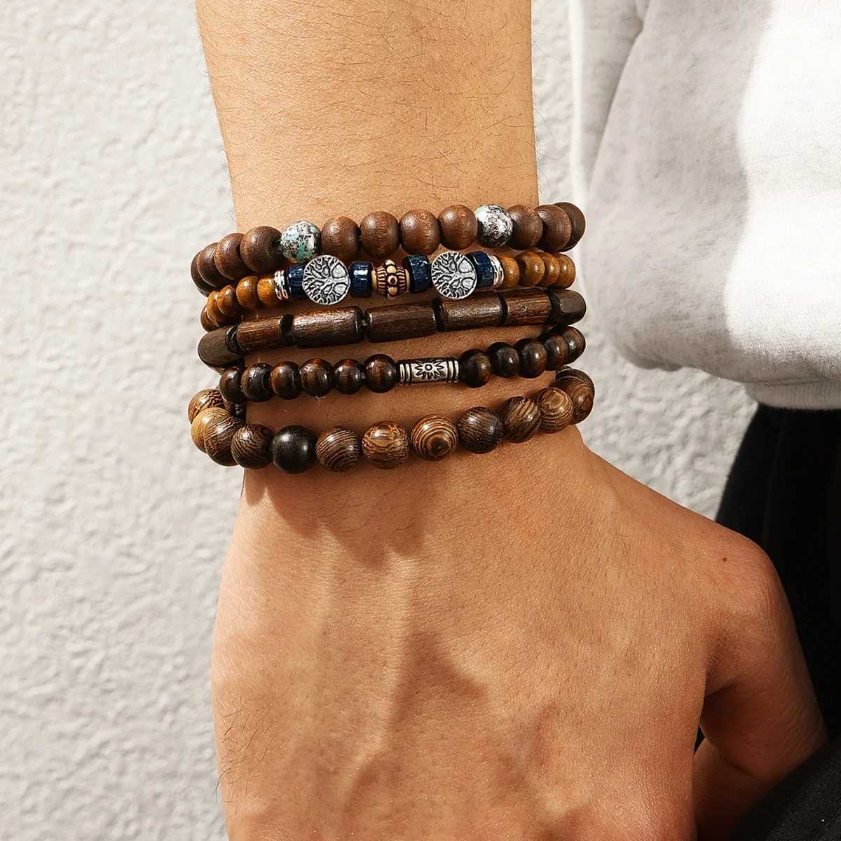 Bohemia Wood Beads Multilayer Bracelets Retro Men Tree of Life Stretch Bracelets Hip Hop Men Party Jewelry Accessories W250904