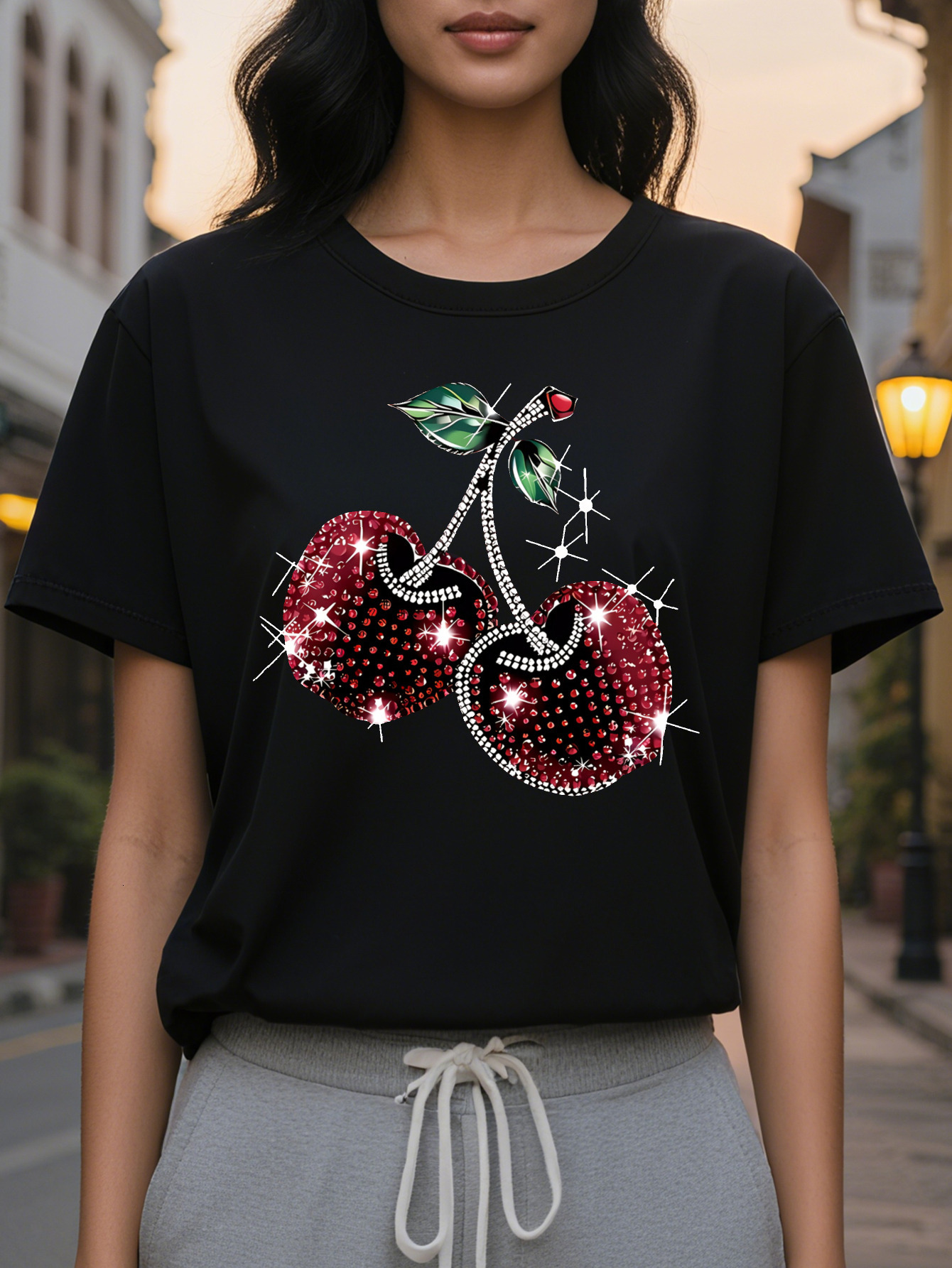 Cherry Fruit Circle Print T-Shirt Short Sleeve Round Neck Casual Wear