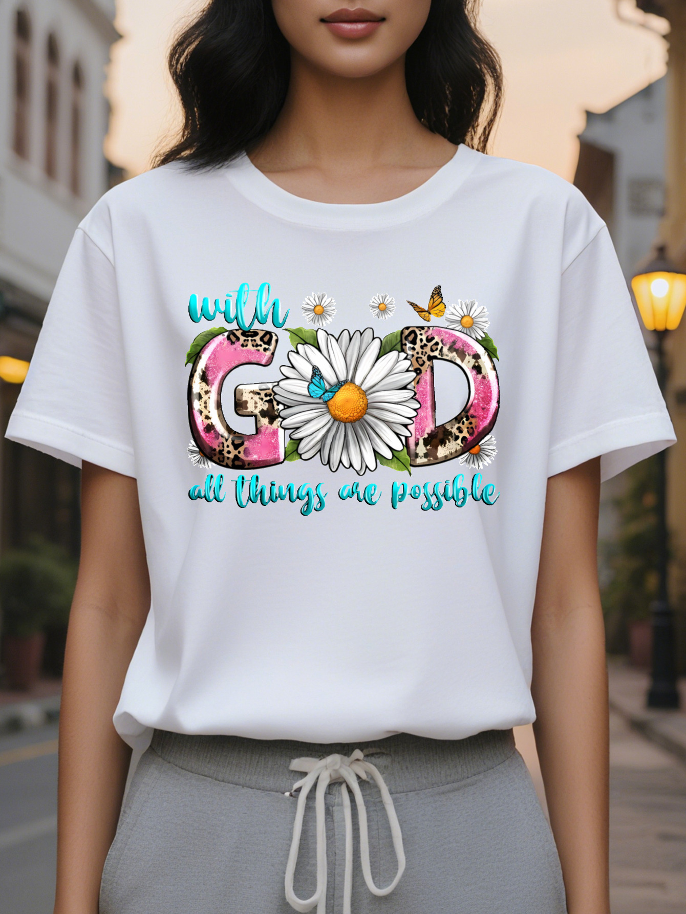 Women's Everything Is Possible With God Pattern T Shirt Flower Leopard Print Round Neck Casual Top Medium Elastic