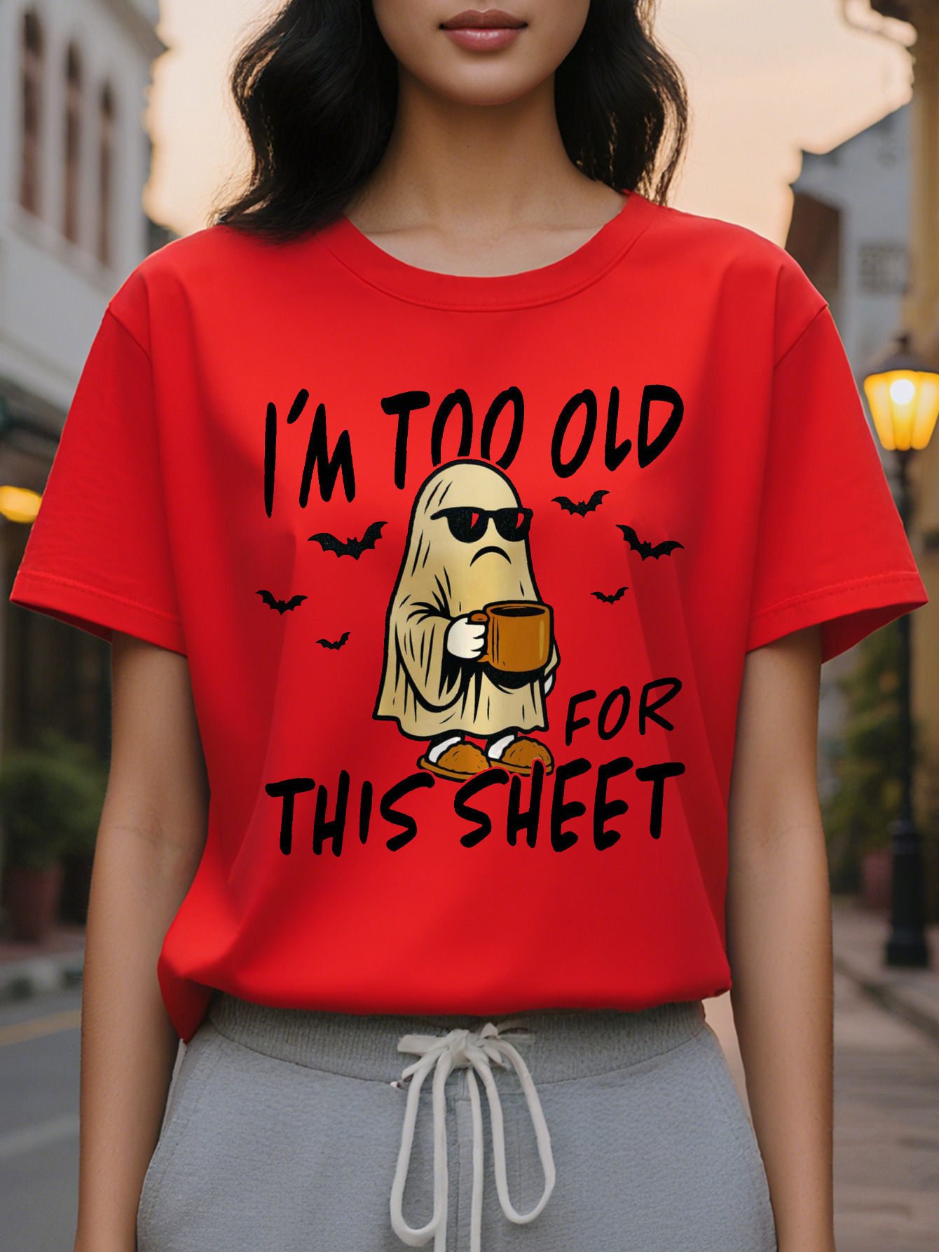 Women s I m Too Old to Fit This Sheet Pattern T Shirt White Crewneck Mystery Character Design Casual Daily and Party