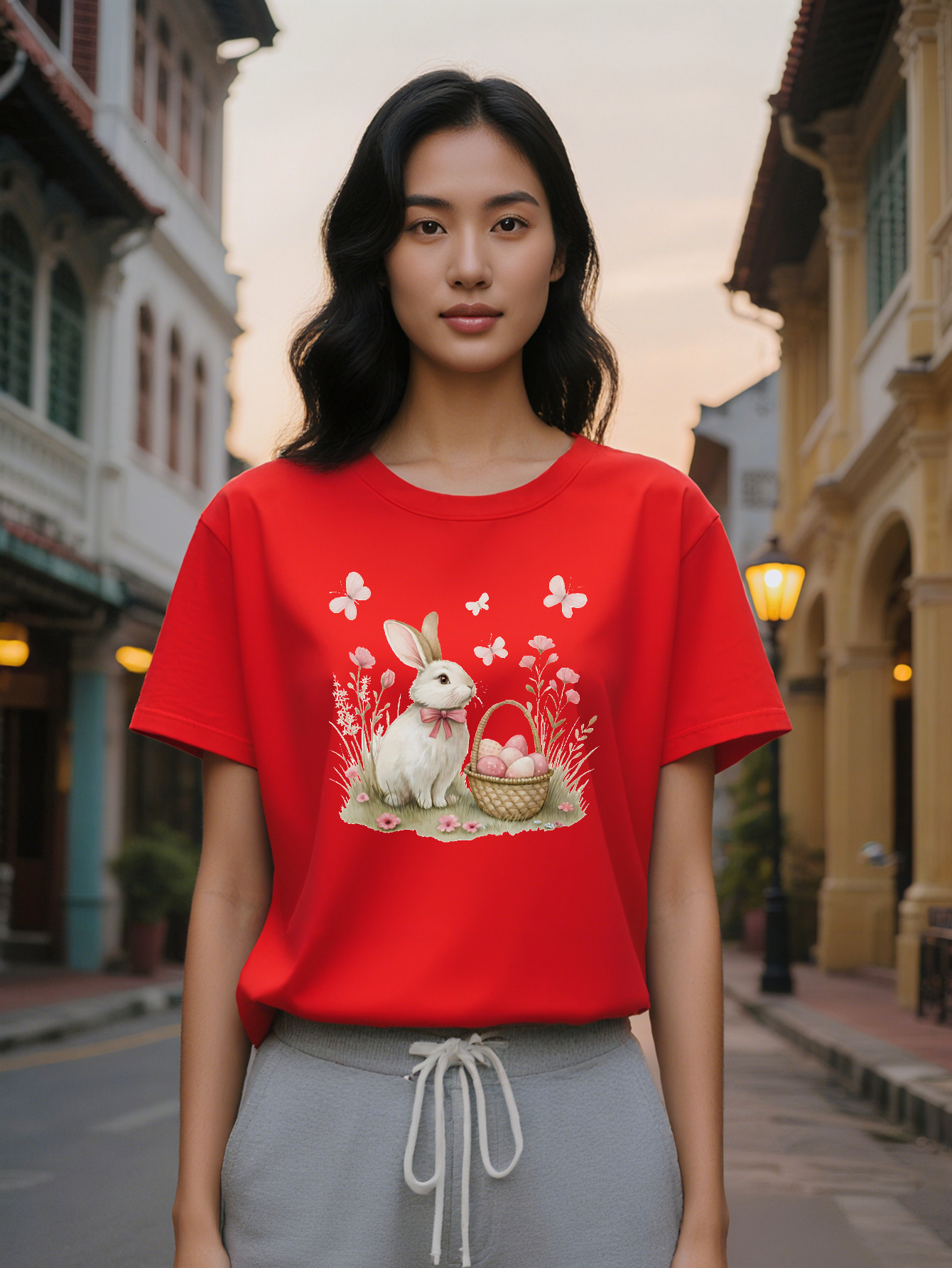 Large XL Women's Versatile T-Shirt with Cute Rabbit and Pink Bow Print Soft Fabric Summer Style Perfect Gift for Women Casual Plus Size