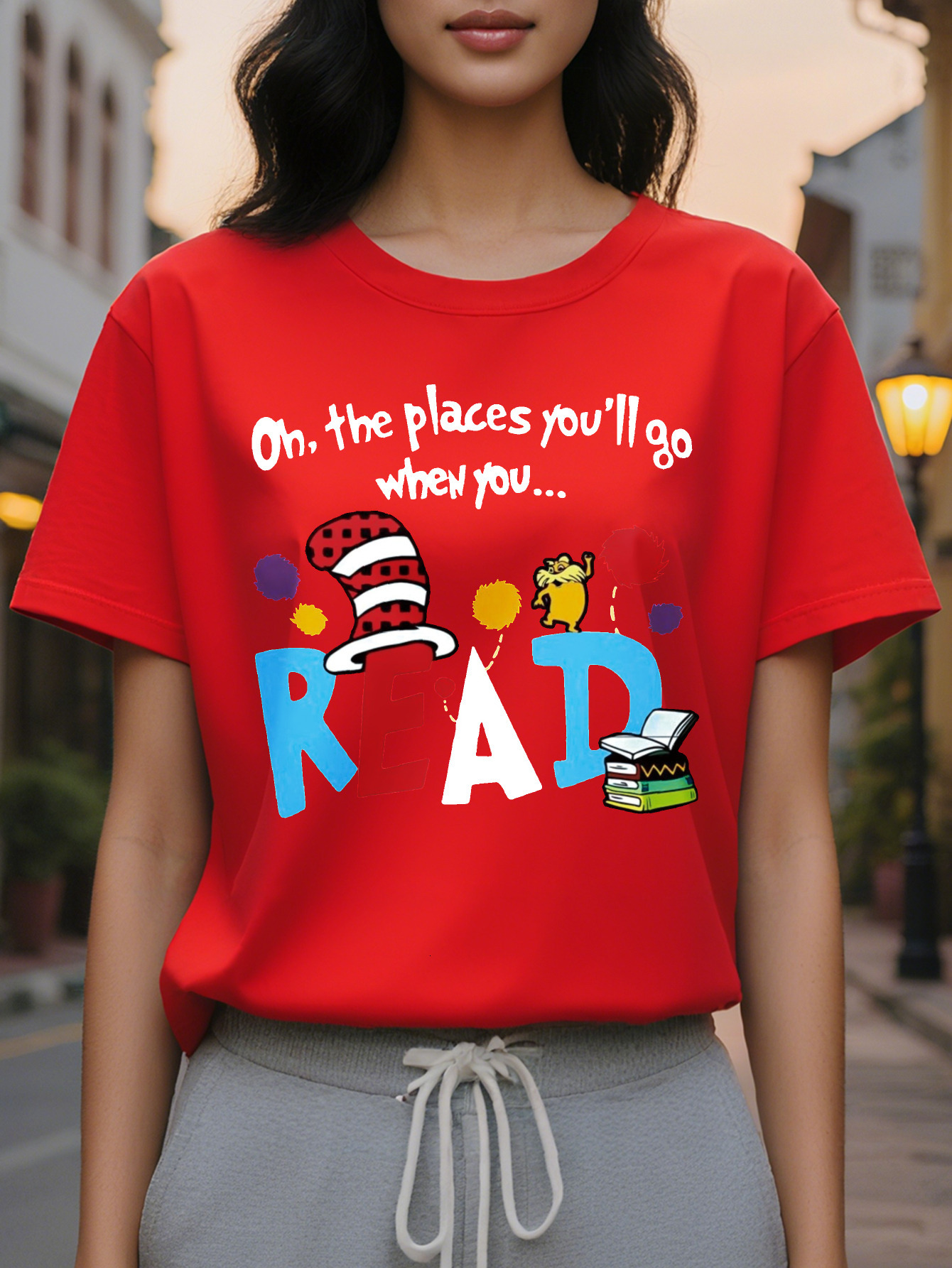 Large XL Women's Casual Short Sleeve T-Shirt Vibrant Orange Cartoon Letter Print with Book Cat On the Places You'll Go Graphic Plus Size