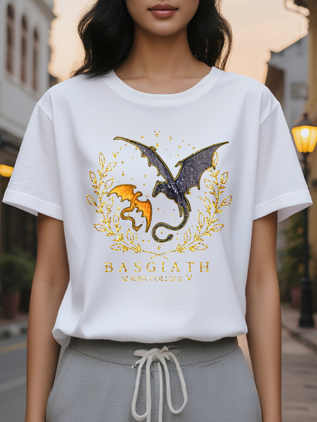 Basjiatt Women's Pattern Printed Short Sleeve T-Shirt Black Dragon Wings Design Spring and Summer Casual Round Neck