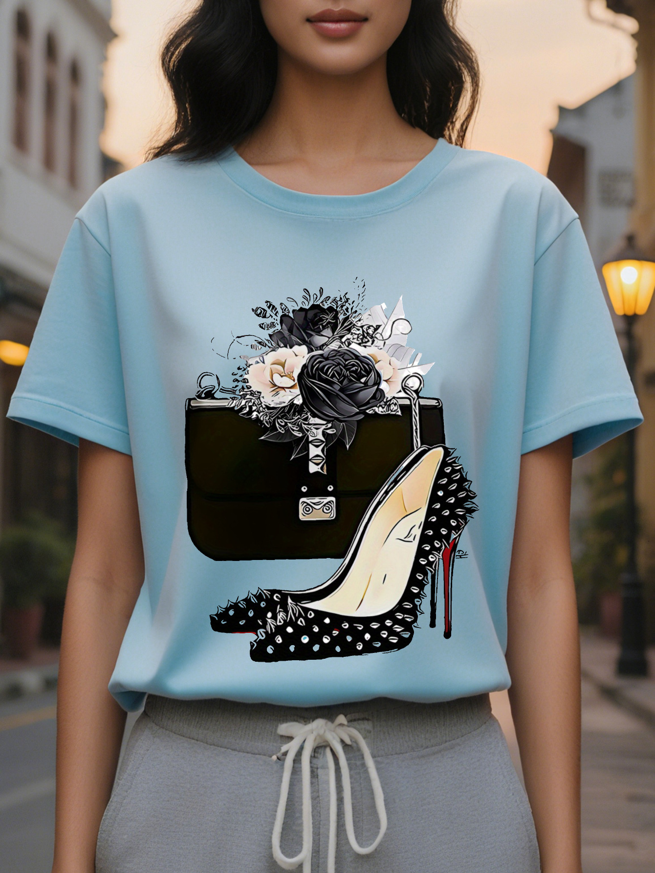 igh-heeled shoes printed T-shirt short sleeve round neck casual top suitable for spring and autumn women's clothing