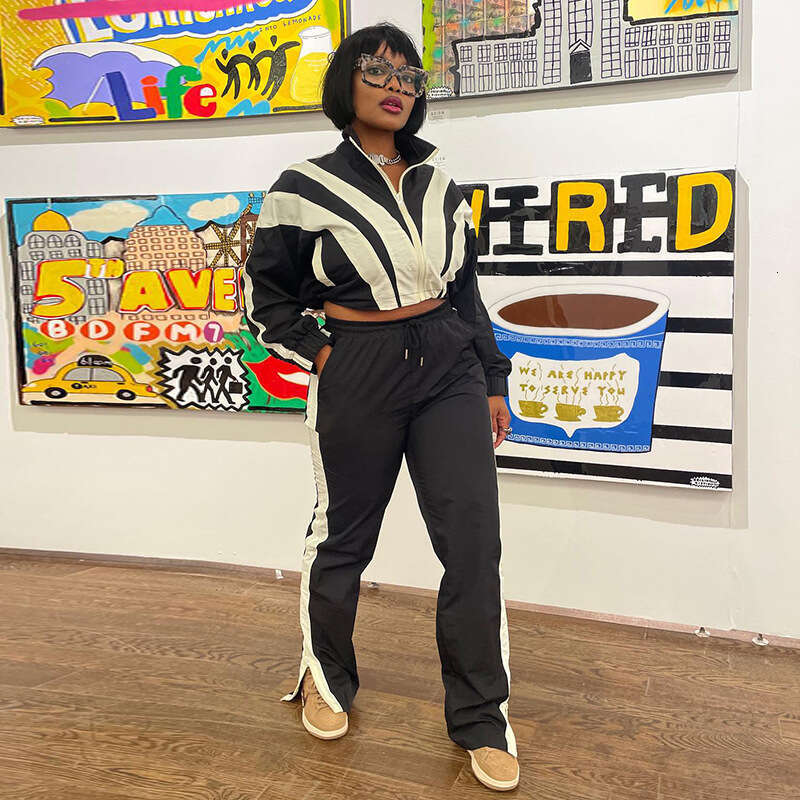 2025 Spring Patchwork Color Block Zipper Long Sleeve Short Jacket + High Waist Straight Pants Casual Fashion Two-Piece Set