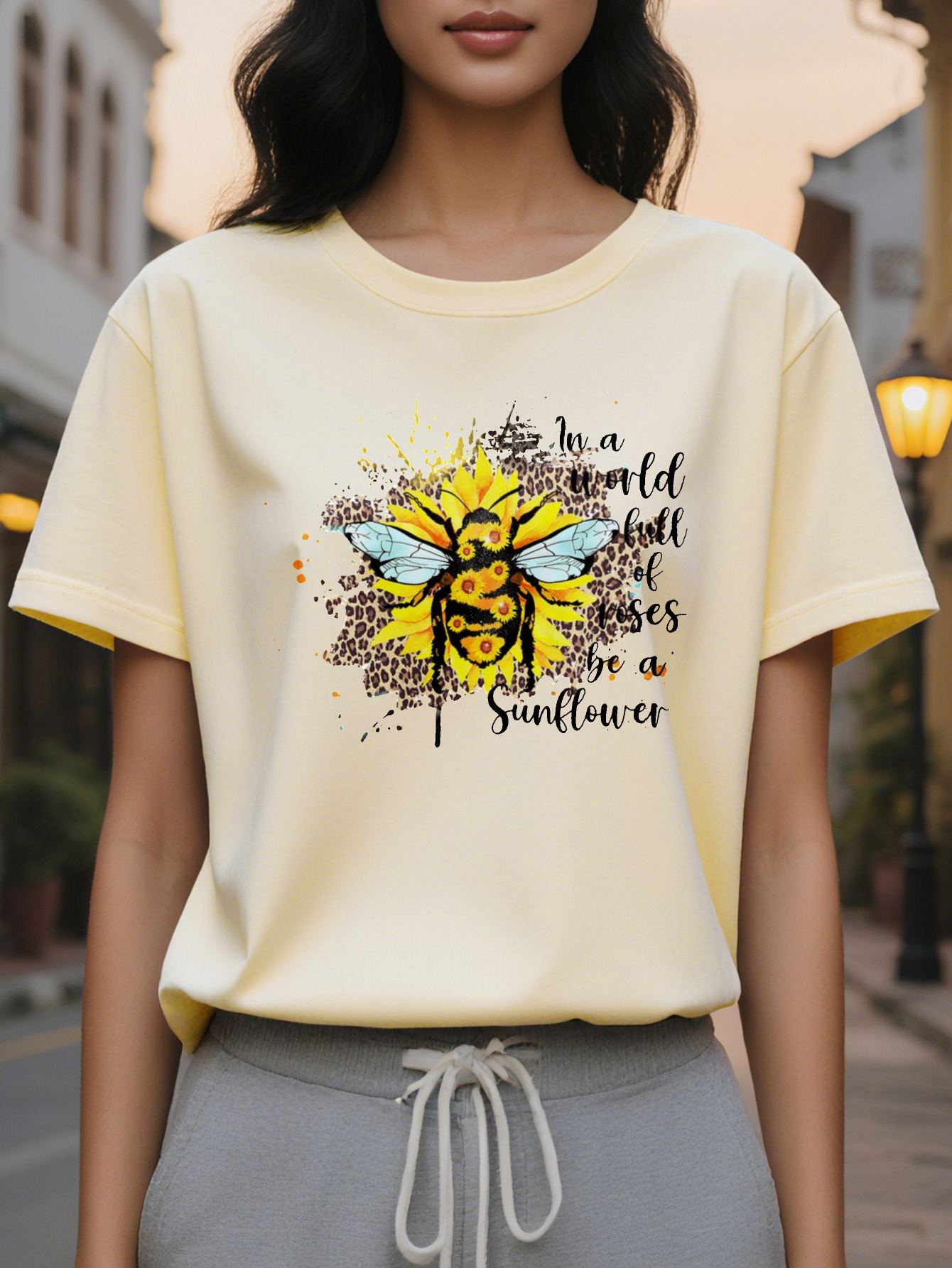 Women's elegant pattern sleeve T-shirt with inspirational quotes, white round neck, casual for autumn and winter