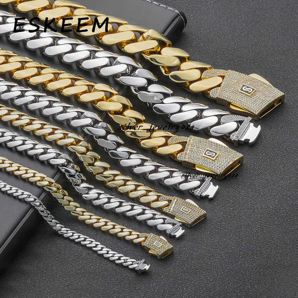 Eskeem 624mm Monaco Cuban Link Chain 14K Gold Plated 925 Silver Iced Out VVS Moissanite Clasp Smooth Necklace Hip Hop Jewelry