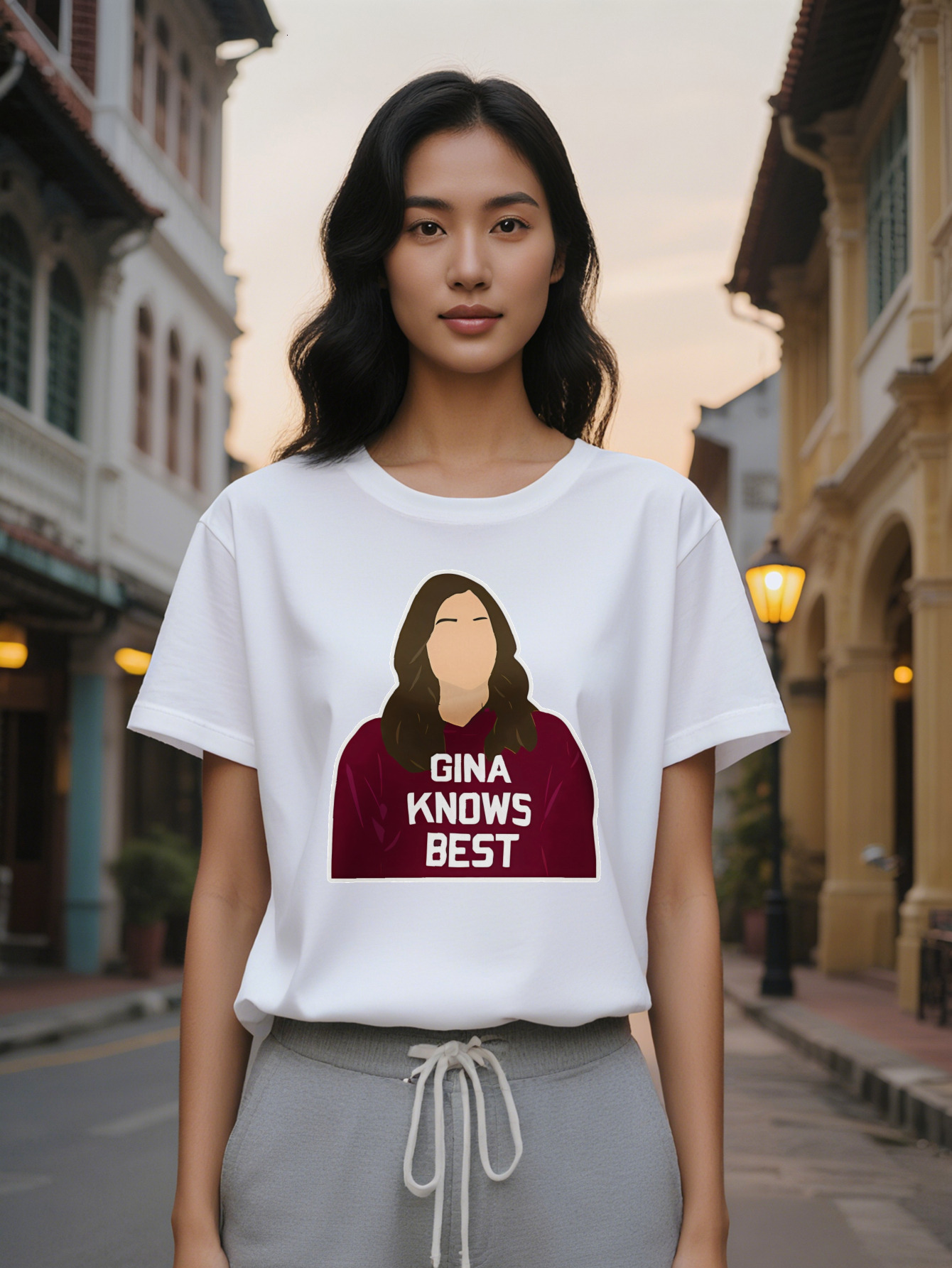 Large XL Gina Knows Best Brown Long Hair Cartoon T-Shirt Crew Neck for Women Summer Knit Fabric Tops Women's Gift Tee Casual Plus Size