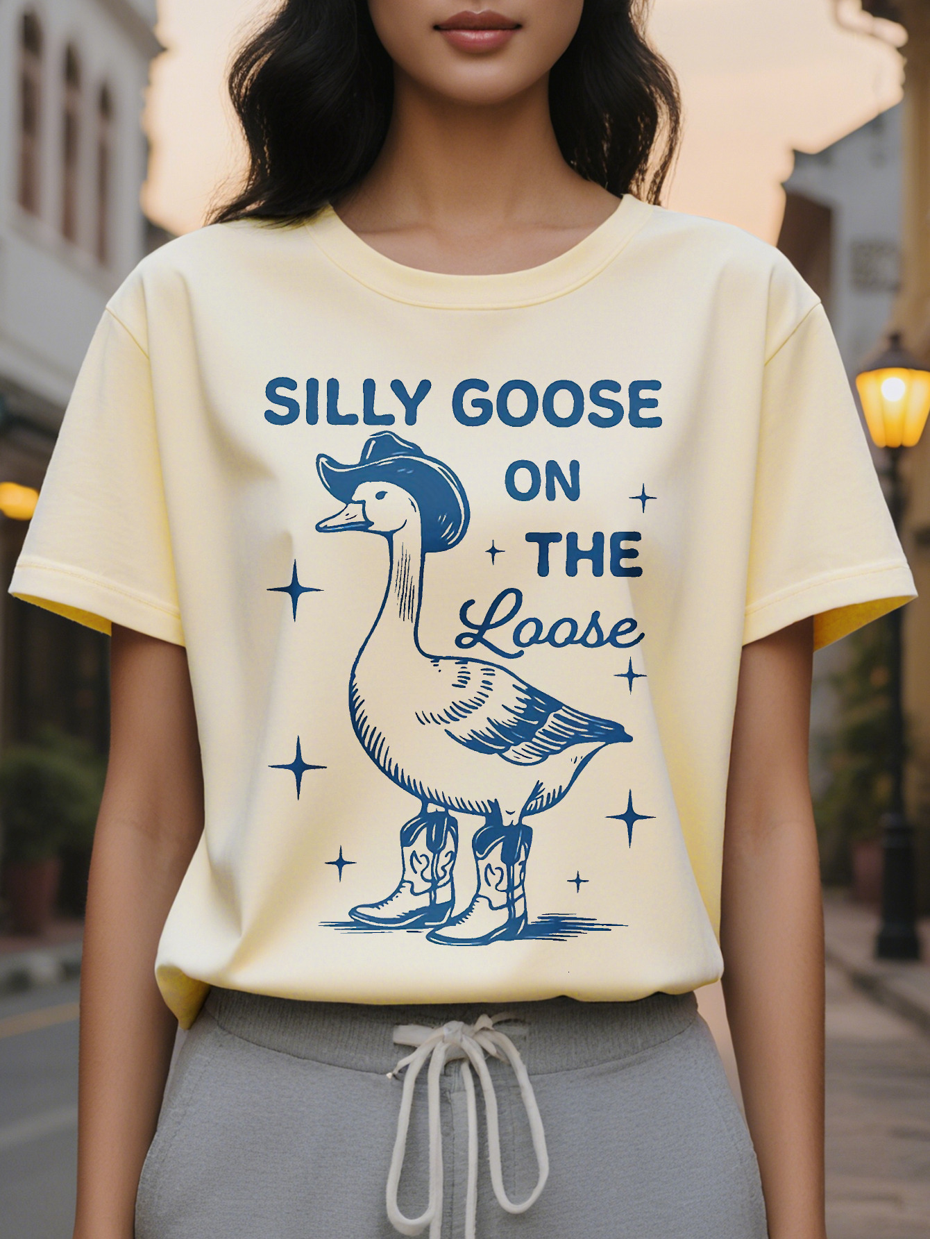 Goose Print Short Sleeve T-shirt Casual Crew Neck Top for Spring Summer Women's Clothing