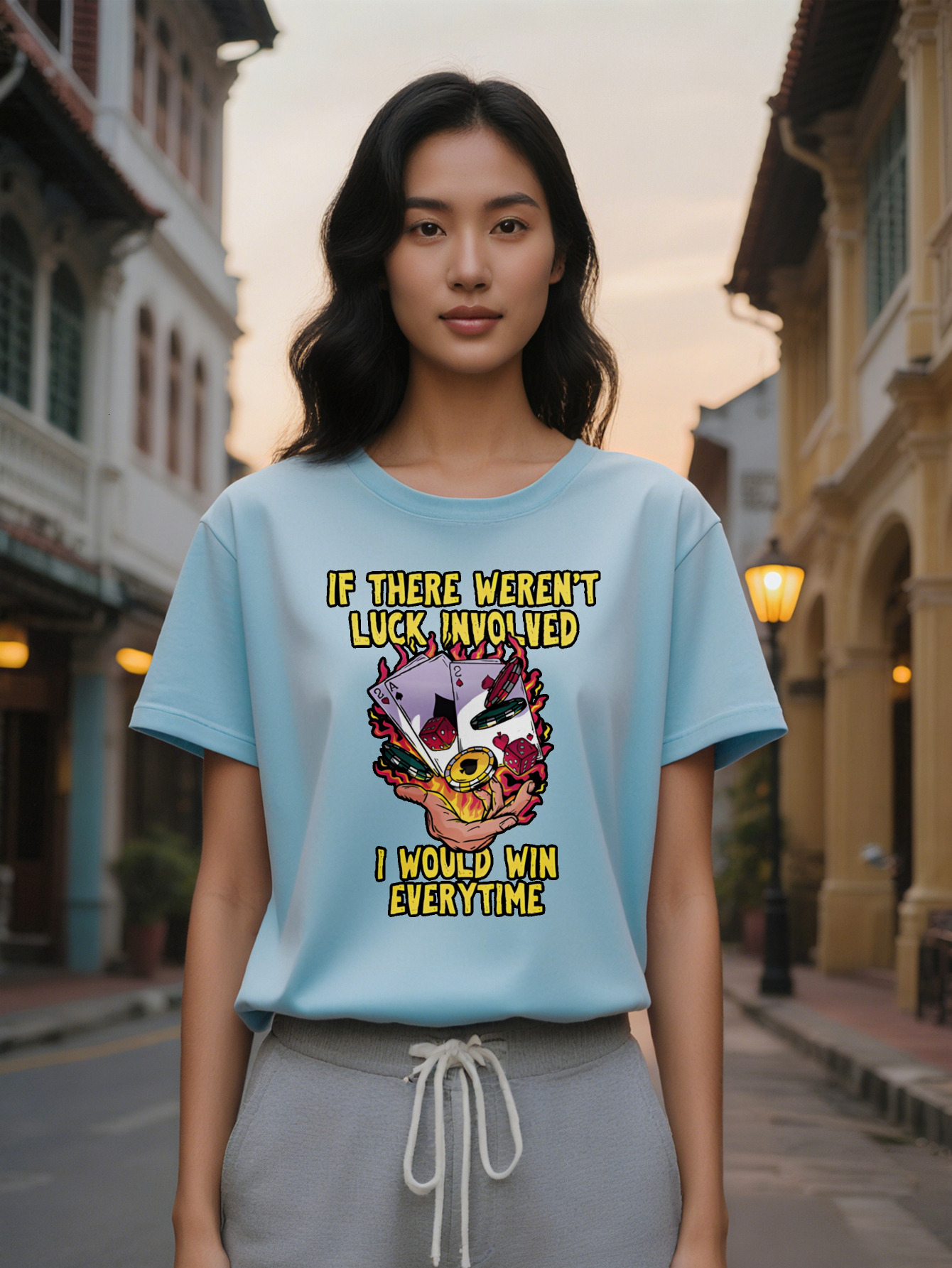 Large XL Women's Casual Graphic T-Shirt Bold Playing Cards Dice Print Black with Yellow Lettering Round Neck Summer Tee Plus Size