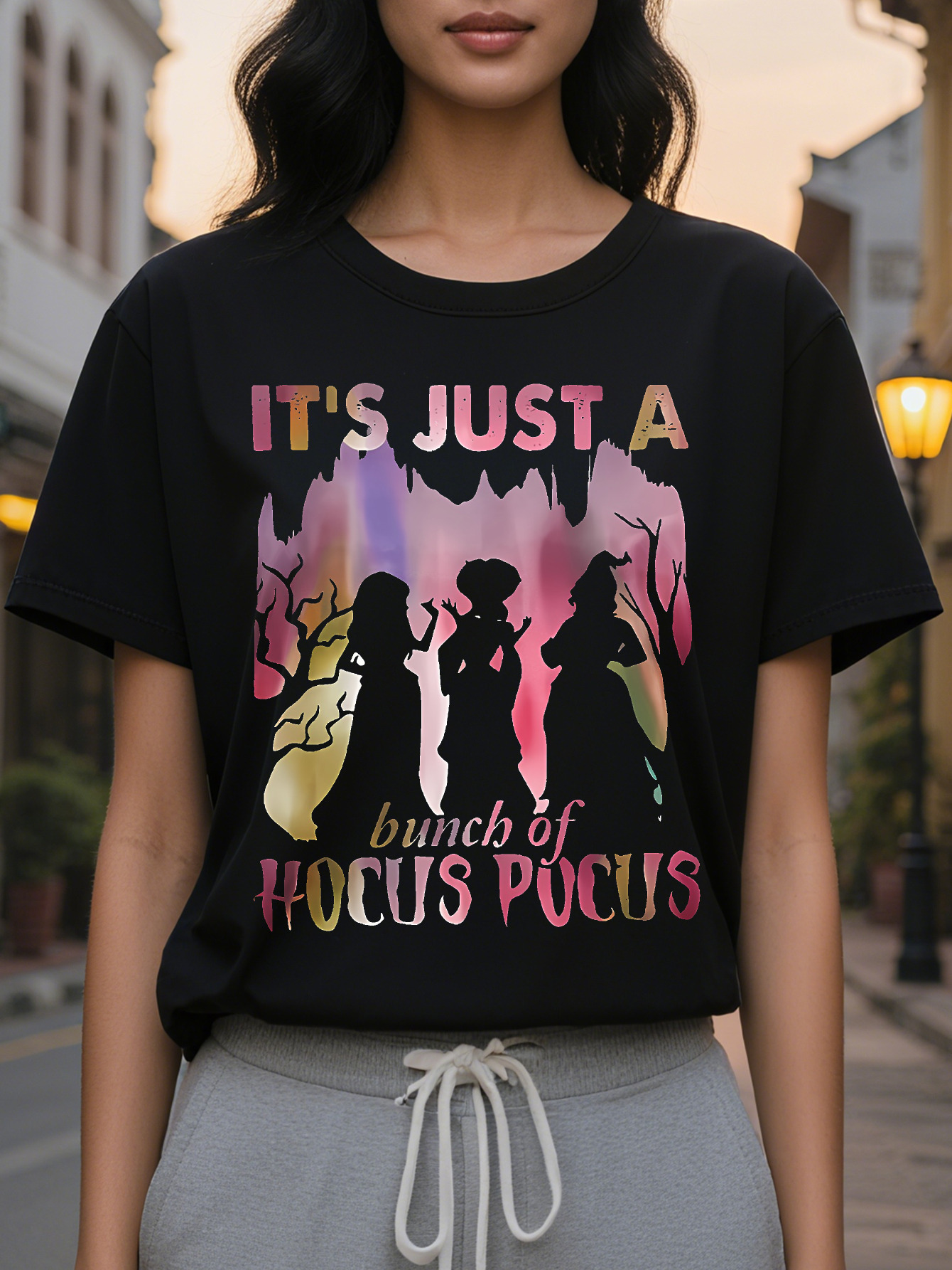 Women S T Shirt Spooky Ghosts Pumpkins Vampires Witches Brooms Demons Graphic Tee Black Crew Neck Short Sleeve Top