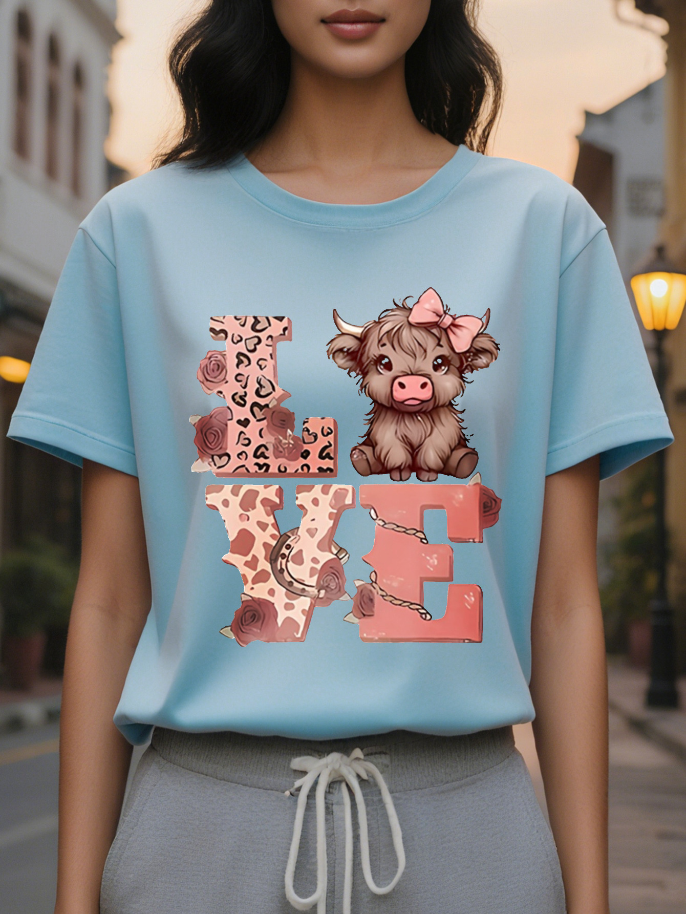 Women's Slim LOVE Pattern T-Shirt Black with Pink Cow Print Translucent Crew Neck Short Sleeve Spring and Wear
