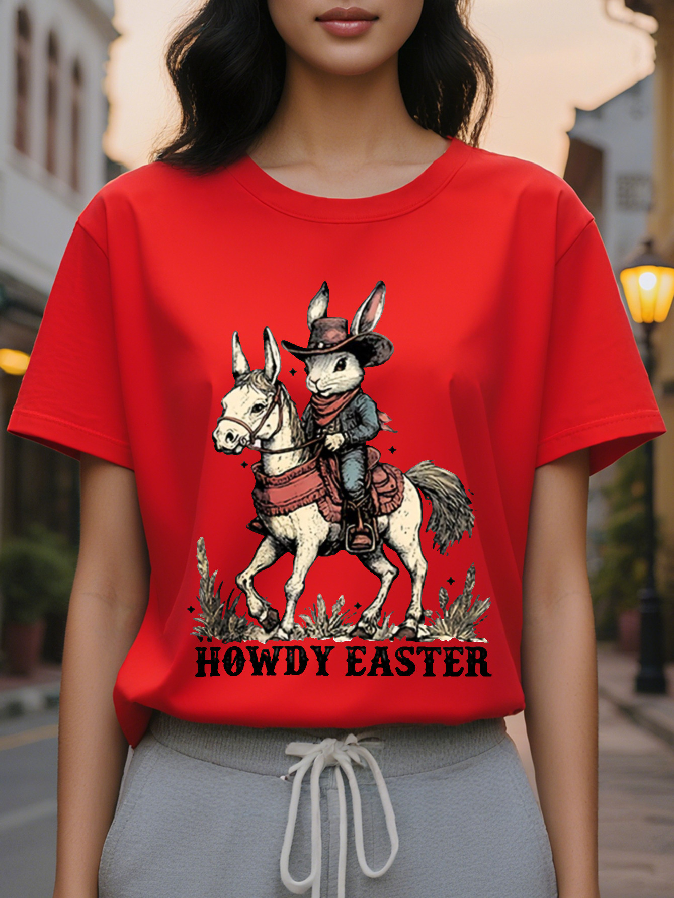 Howdy Easter Pattern Printed Women's Short Sleeve T-Shirt Light Gray Round Neck with Denim Rabbit Design Comfortable