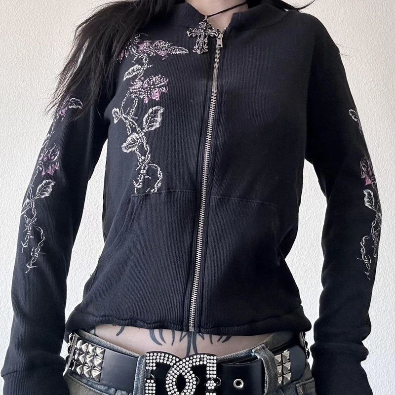 Y2k Grunge Zip Up Sweatshirt Flower Wings Print Slim Fit Hoodies Egirl Gothic Cool Street Outwear 00s Aesthetic Vintage Jacket 250904