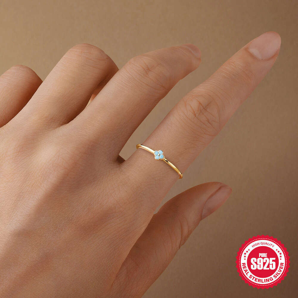 INS Style Pure Silver Petal Turquoise Inlaid Diamond Band Women's Engagement Wedding Ring Necklace Set