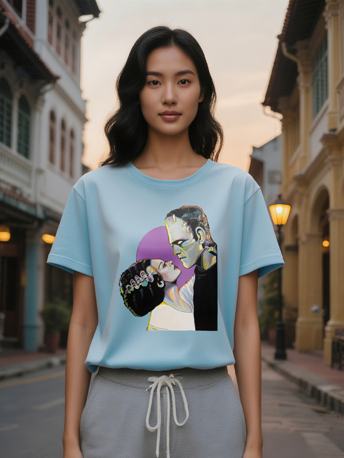 Lady Casual Graphic T-Shirt Frankenstein Bride Monster Print Black Round Neck Summer Tee Washable Pop Culture