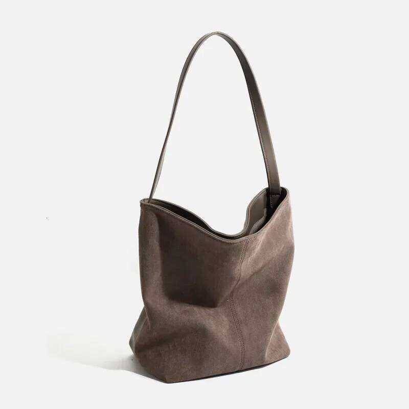 Vintage Women's Large Capacity Suede Bucket Shoulder Solid Color Simple Casual Commuter Bag Designer Purses