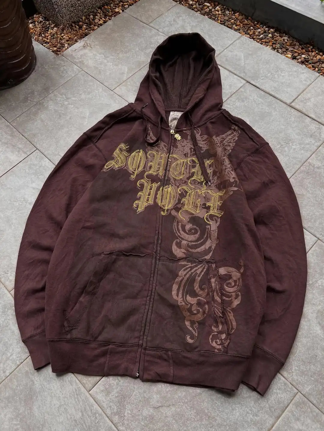 Y2k Zipper Hoodie Letter Pattern Gothic Punk Sportswear Brown Long Sleeve Super Large Jacket 250904