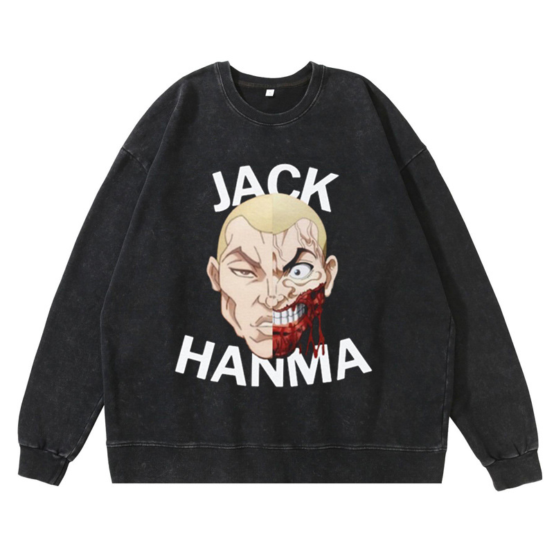 360g Heavyweight Pre-Washed Distressed Jack Hanma Anime-Inspired American Vintage Crewneck Cotton Sweatshirt - TT8343