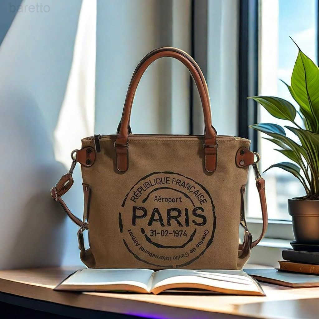 Women Vintage Paris Lightweight Canvas Tote Crossbody Bag with Zipper for Work M250904