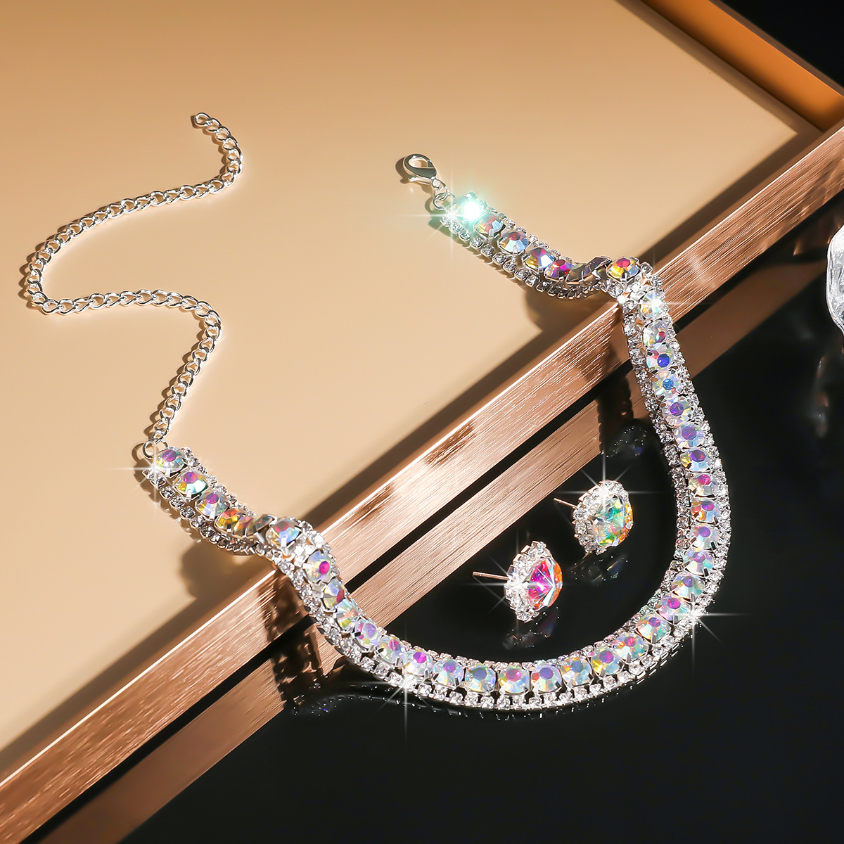 Luxury Necklace Earrings Sets Green Crystal Necklace Women Weddings Bride Jewelry Accessories Pop green blue diamond necklace earring 2 piece set Desi