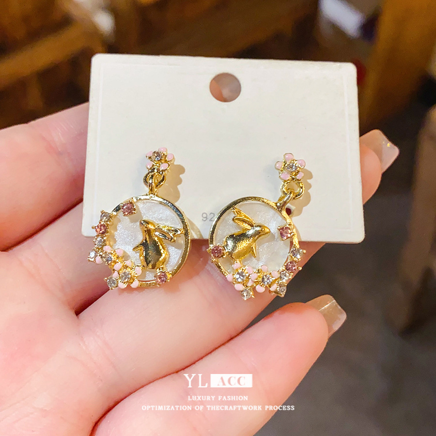 Gold Tone Fairy & Rabbit Drop Earrings With Pink Crystal Detail Cute Whimsical Style Daily Wear Gift For Her 925 Silver Needle Jewelry