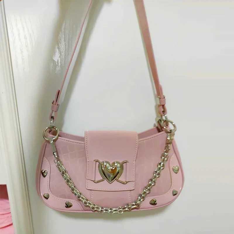 Hot s Y2k Handbag Women Vintage Sweet Cool Heart Chain Pink Underarm Bag Female Fairycore Aesthetic Shoulder Bag New Chain Z250903